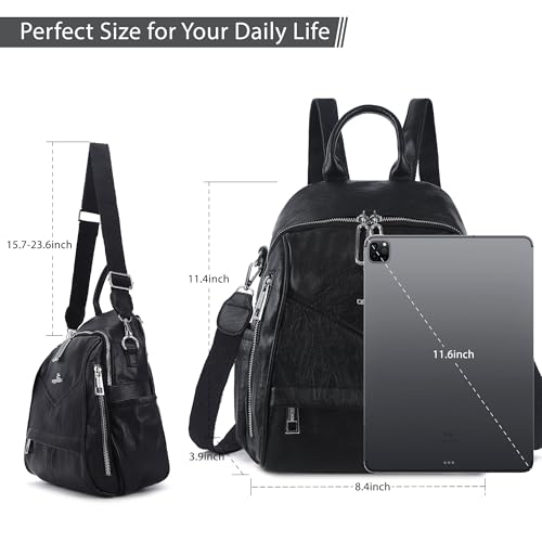 Angel Kiss Black Soft Vegan Leather Roomy Shoulder Backpack for WomenFashion Handbag with Removable Strap