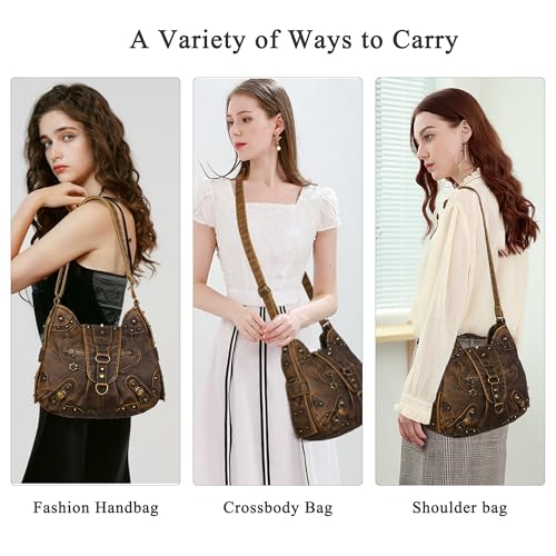 Angel Kiss Studded Vegan Leather Hobo Bag for Women Retro Roomy Daily Crossbody Bags Medium Size